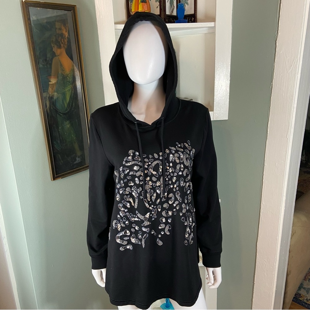 Chico's Zenergy Sz 2 French Terry Black Hoodie Leopard Print Silver Sequin Beads - Picture 7 of 12